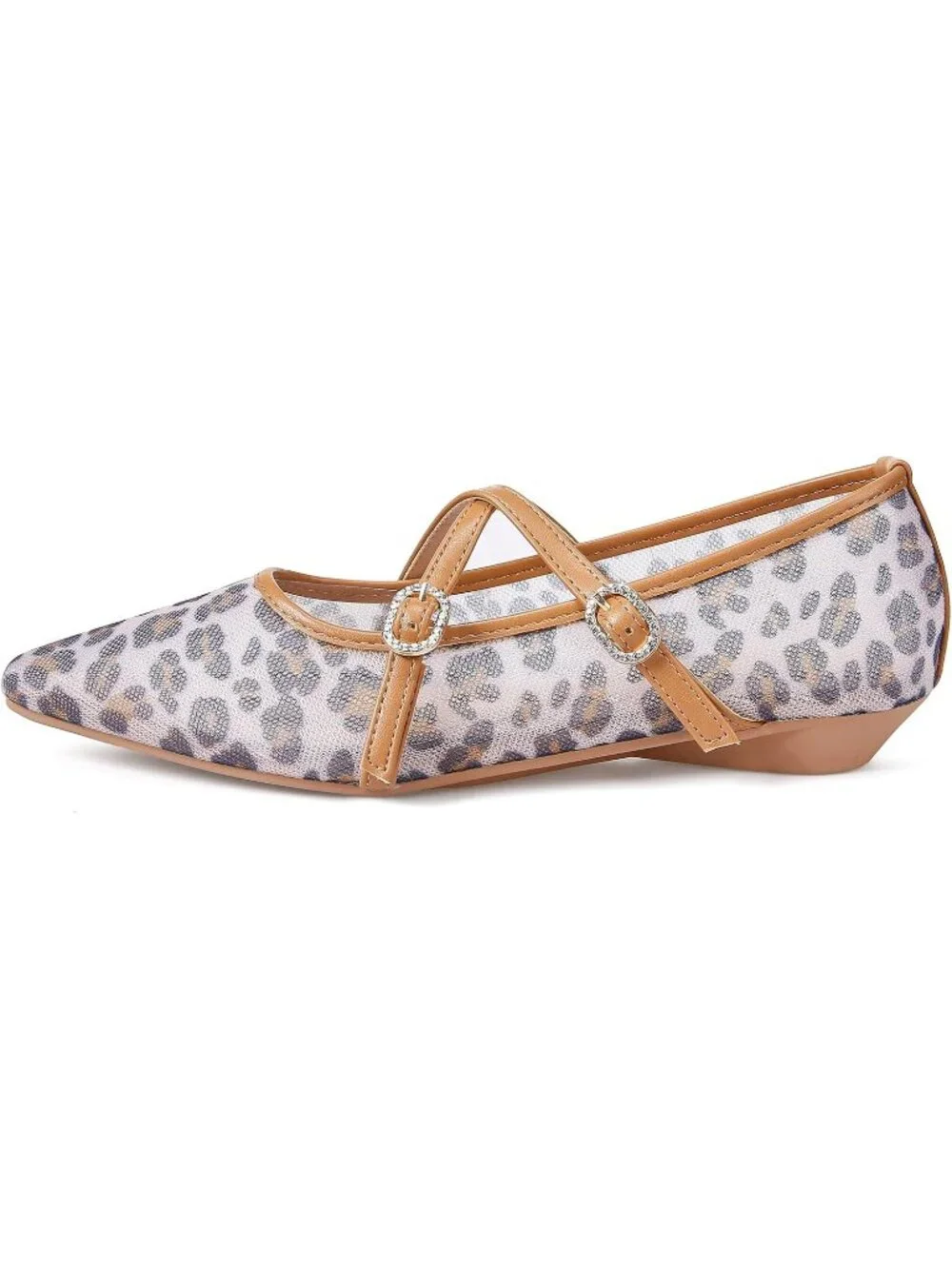 Women's Brown Leopard Mesh Flats Cross Ankle Strap Flat Slip On Comfortable - Picture 3 of 7